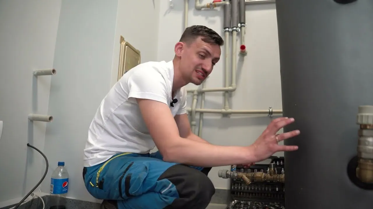 Dawid Jarząbek w kotłowni podczas montażu pompy ciepła Panasonic