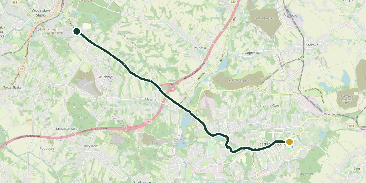 Mapa trasy z biura Aslandi przy ul. Jastrzębskiej 76a w Wodzisławiu Śląskim do centrum Jastrzębia-Zdroju