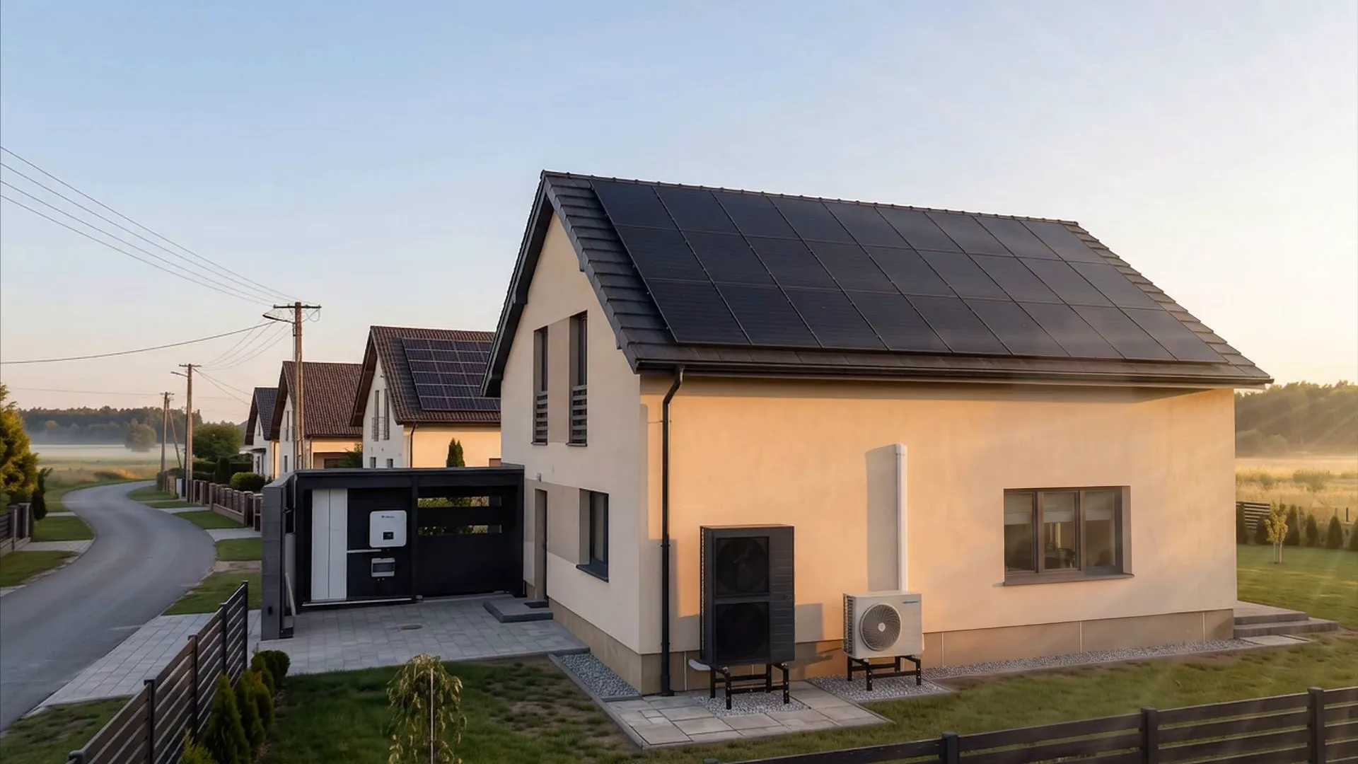 Dom jednorodzinny o&nbsp;wschodzie słońca: panele fotowoltaiczne na dachu, pompa ciepła i&nbsp;klimatyzacja przy ścianie, w&nbsp;wiacie magazyn energii z&nbsp;falownikiem SOLAX