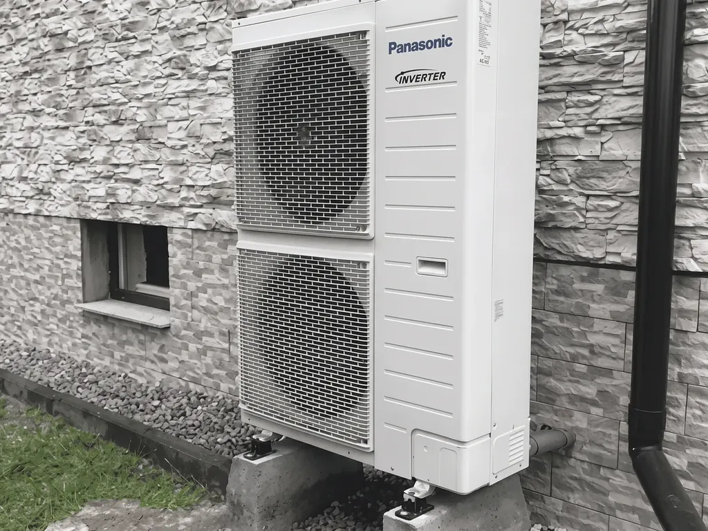 Pompa ciepła, Świerczyniec: Jednostka zewnętrzna Panasonic przy elewacji z okładziną kamienną, okno, rynna, trawa
